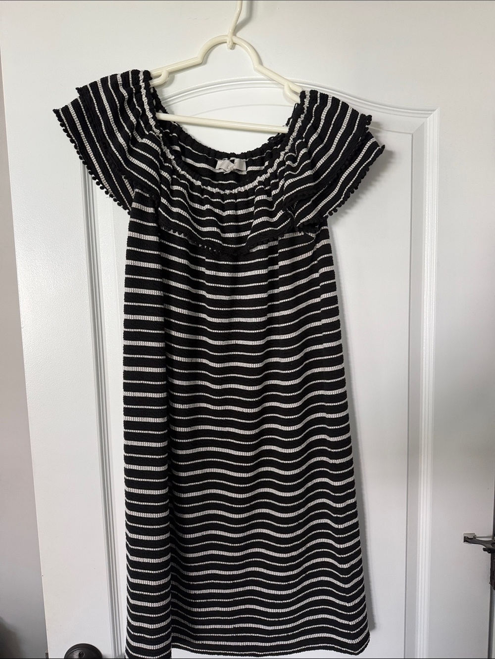 LOFT Off-Shoulder Black & White Striped Textured Knit Dress